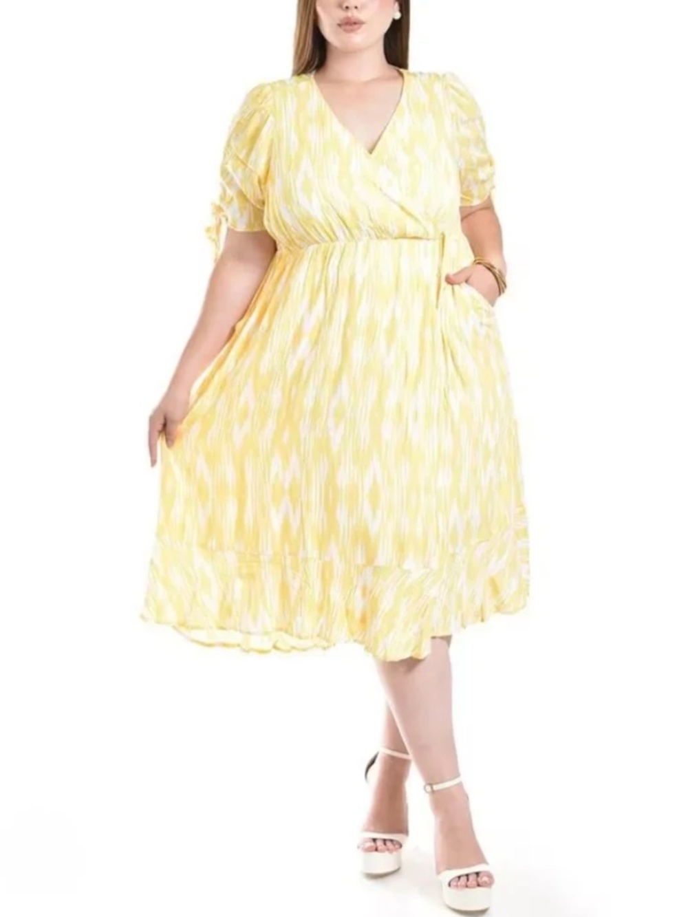 Torrid Dress 2X Midi Textured Swiss Dot V-Neck Pockets Plus Size Yellow/White